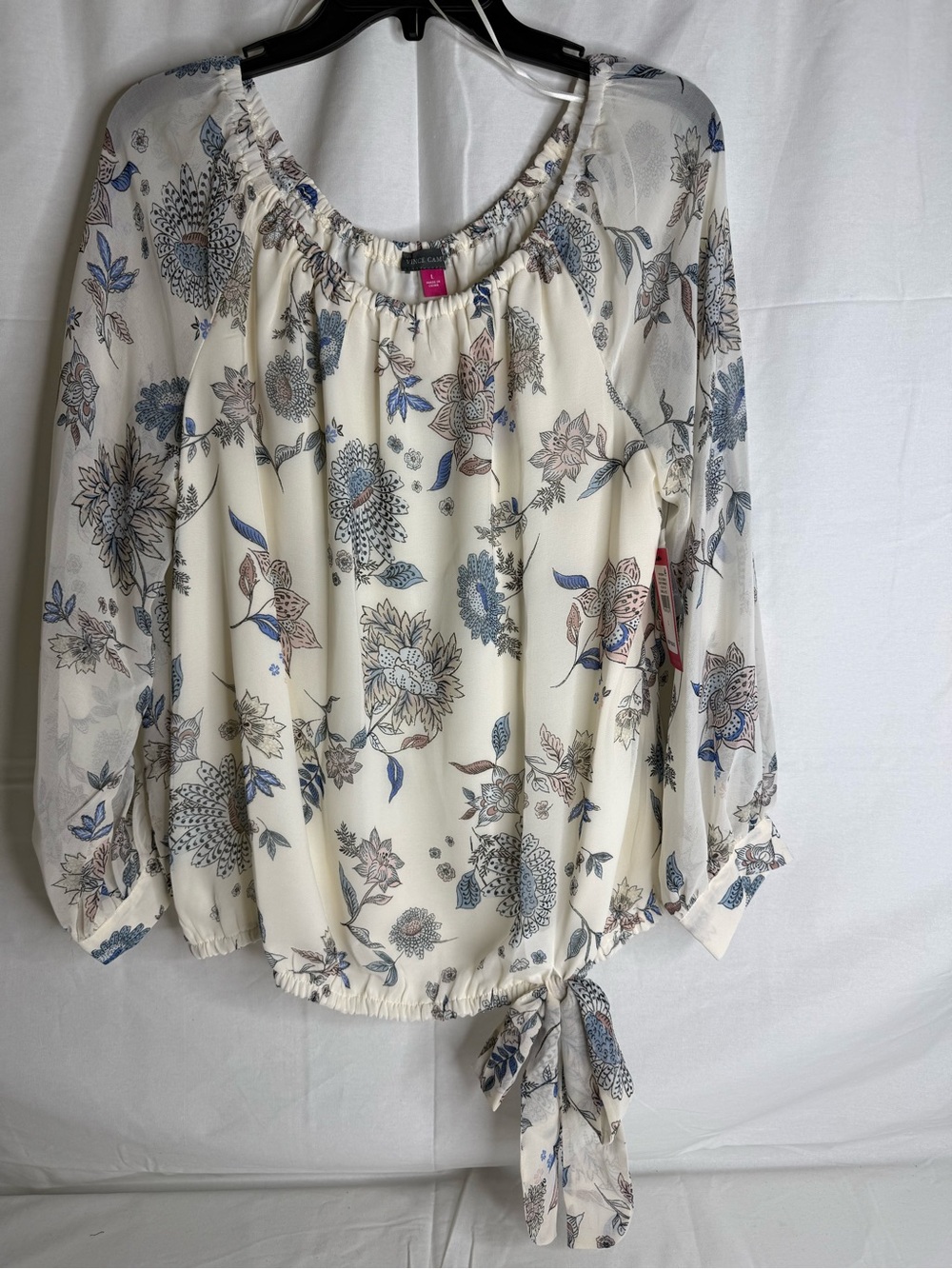 Vince Camuto Cream Blue Floral Chiffon Off Shoulder Tie Hem Blouse Lined L